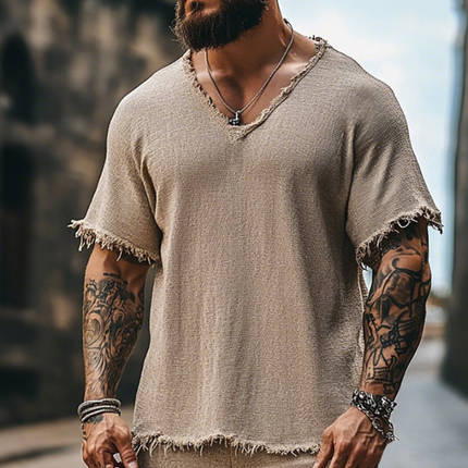Men's Retro V-Neck T-Shirt Shorts Set | Casual Ripped Two-Piece | Cotton-Blend Fabric | Short Sleeve Top | Elastic Waistband Shorts | Trendy Beachwear | Summer Outfit | Sizes S-3XL