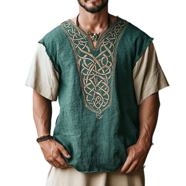 Men's Linen Short Sleeve Shirt | Viking Totem Retro Casual Design | Collarless Breathable Material | Summer Comfortable Top | Classic Minimalist Style | Perfect for Casual Outings & Festivals