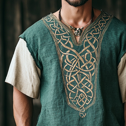 Men's Linen Short Sleeve Shirt | Viking Totem Retro Casual Design | Collarless Breathable Material | Summer Comfortable Top | Classic Minimalist Style | Perfect for Casual Outings & Festivals