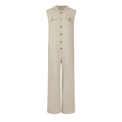 Men's Hooded Jumpsuit | Casual Cotton Linen Blend | Relaxed Fit | Neutral Tones | Spacious Pockets | Machine Washable | Versatile Style | Comfortable Resort Wear