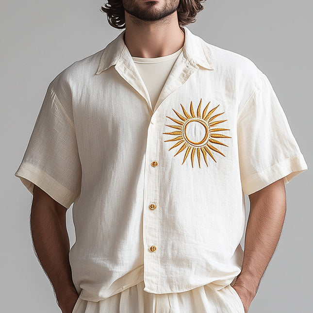 Men's Embroidered Short Sleeve Linen Shirt | Summer Comfortable Breathable | Casual Lightweight Outfit | Elegant Fashion Design | Cool Ventilated Wear
