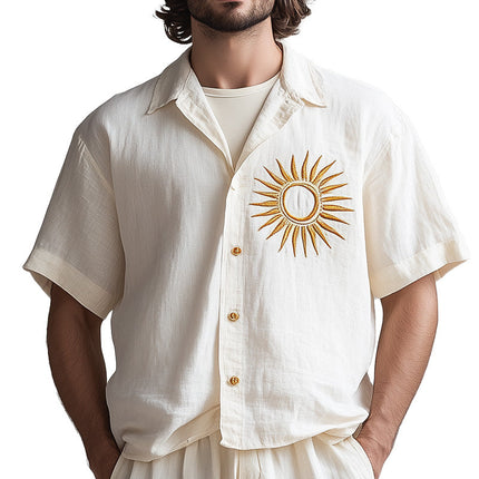 Men's Embroidered Short Sleeve Linen Shirt | Summer Comfortable Breathable | Casual Lightweight Outfit | Elegant Fashion Design | Cool Ventilated Wear