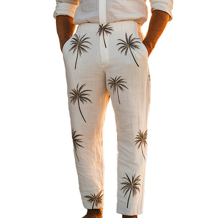 Men's Linen Trousers | Summer Breathable Pants | Palm Leaf Embroidery | Stylish Casual Wear | Relaxed Fit | Durable Fabric | Elegant Design | Perfect for Casual and Evening Outfits