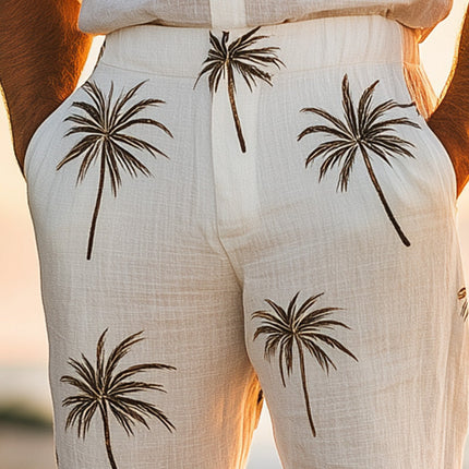 Men's Linen Trousers | Summer Breathable Pants | Palm Leaf Embroidery | Stylish Casual Wear | Relaxed Fit | Durable Fabric | Elegant Design | Perfect for Casual and Evening Outfits
