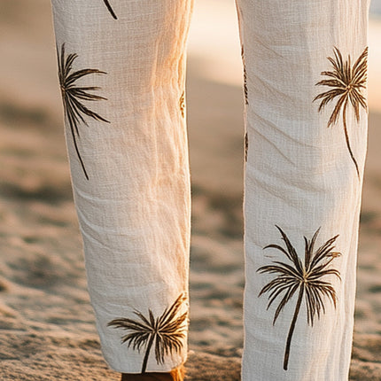 Men's Linen Trousers | Summer Breathable Pants | Palm Leaf Embroidery | Stylish Casual Wear | Relaxed Fit | Durable Fabric | Elegant Design | Perfect for Casual and Evening Outfits