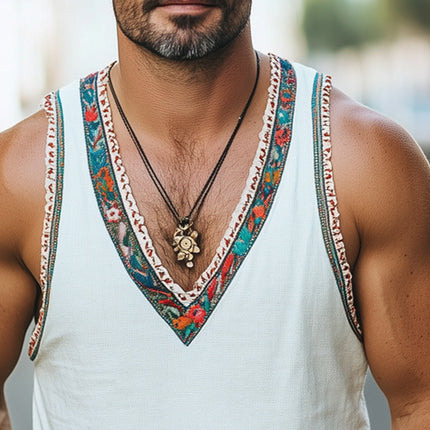 Men's V-neck Embroidered Summer Tank Top | Lightweight Cotton | Casual Sleeveless Design | Available S-3XL | Stylish Beachwear
