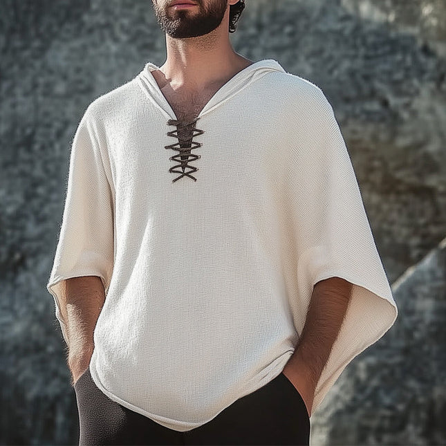 Men's Textured Lace-Up Hoodie | Batwing Sleeve | Lightweight | Breathable Summer Outerwear | Casual Oversized Fit | Cotton Polyester Blend | Adjustable Fit | Unique Design