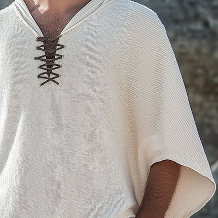 Men's Textured Lace-Up Hoodie | Batwing Sleeve | Lightweight | Breathable Summer Outerwear | Casual Oversized Fit | Cotton Polyester Blend | Adjustable Fit | Unique Design