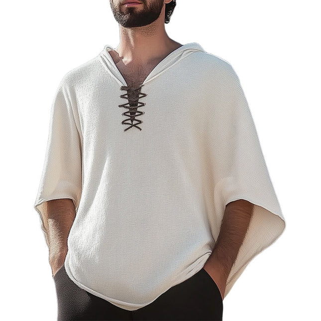 Men's Textured Lace-Up Hoodie | Batwing Sleeve | Lightweight | Breathable Summer Outerwear | Casual Oversized Fit | Cotton Polyester Blend | Adjustable Fit | Unique Design