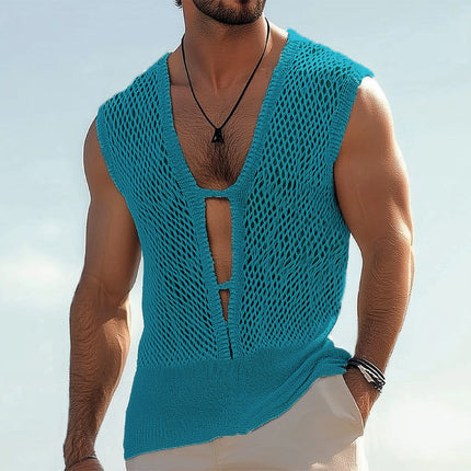 Men's Knitted Mesh Tank Top | Deep V Neck | Summer Sleeveless Shirt | Breathable Polyester Blend | Lightweight Comfort | Edgy Style | Sizes S-3XL | Casual Beachwear | Ventilated Design