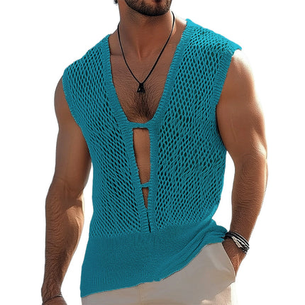 Men's Knitted Mesh Tank Top | Deep V Neck | Summer Sleeveless Shirt | Breathable Polyester Blend | Lightweight Comfort | Edgy Style | Sizes S-3XL | Casual Beachwear | Ventilated Design