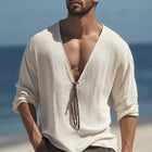 Men's Deep V-Neck Long-Sleeve T-Shirt | Lace-Up Textured Fabric | Casual Cotton Blend | Adjustable Fit | Stylish Everyday Top