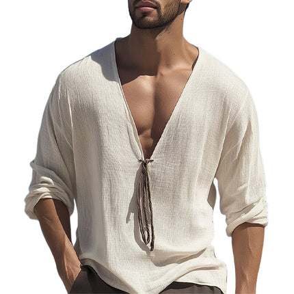 Men's Deep V-Neck Long-Sleeve T-Shirt | Lace-Up Textured Fabric | Casual Cotton Blend | Adjustable Fit | Stylish Everyday Top