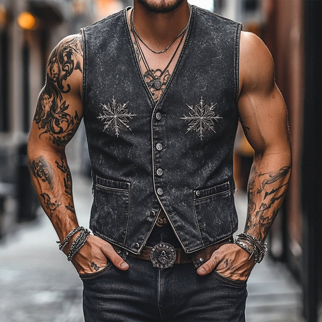 Men's Vintage V-Neck Denim Vest | Embroidered Details | High-Quality | Classic Fashion | Versatile Layering Piece | Stylish Outerwear for Casual & Smart-Casual Outfits
