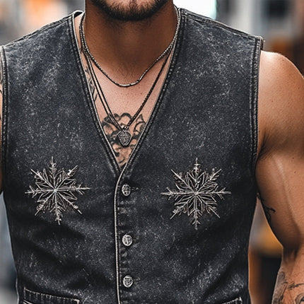 Men's Vintage V-Neck Denim Vest | Embroidered Details | High-Quality | Classic Fashion | Versatile Layering Piece | Stylish Outerwear for Casual & Smart-Casual Outfits