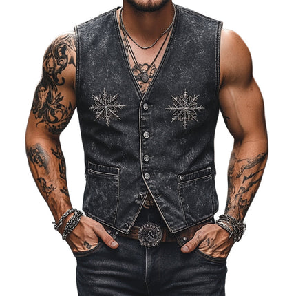 Men's Vintage V-Neck Denim Vest | Embroidered Details | High-Quality | Classic Fashion | Versatile Layering Piece | Stylish Outerwear for Casual & Smart-Casual Outfits