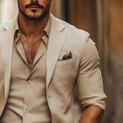 Men's Casual Blazer | Solid Color | Cotton Linen Blend | Tailored Fit | Notch Lapel | Single-Button Closure | Versatile Outerwear | Breathable & Durable | Classic Style | Two Front Pockets | Variety of Colors
