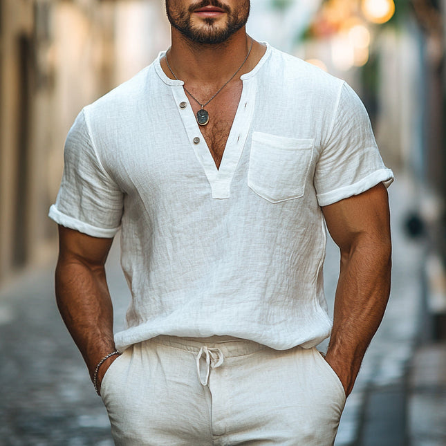 Men's Casual V-Neck T-Shirt | Short Sleeve Pullover | Cotton Linen Blend | Comfortable Fit | Breathable Material | Versatile Summer Tee