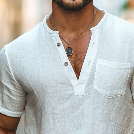 Men's Casual V-Neck T-Shirt | Short Sleeve Pullover | Cotton Linen Blend | Comfortable Fit | Breathable Material | Versatile Summer Tee