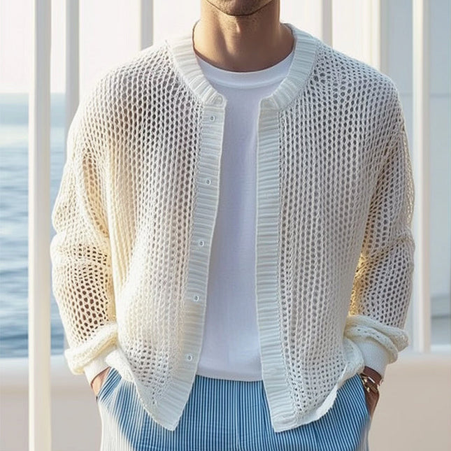 Men's Mesh Knitted Cardigan | Comfortable Breathable Design | Crew Neck | Long Sleeve | Polyester Cotton Blend | Variety of Sizes | Versatile Outerwear for Casual and Semi-Formal Occasions