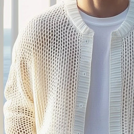 Men's Mesh Knitted Cardigan | Comfortable Breathable Design | Crew Neck | Long Sleeve | Polyester Cotton Blend | Variety of Sizes | Versatile Outerwear for Casual and Semi-Formal Occasions