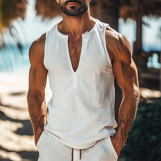 Men's Cotton Linen Blend Tank Top | Deep V-Neck | Slim Fit | Summer Casual Fashion | Breathable & Soft | Versatile Styling | Easy Care | Ideal for Beach Days | Stylish & Comfortable