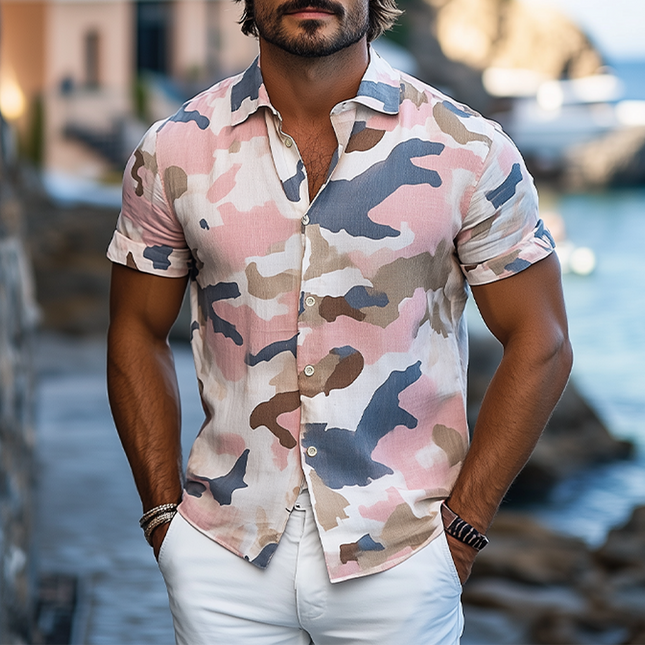 Men's Camouflage Short-Sleeved Shirt | Summer Cotton Linen Blend | Casual Button-Down | Breathable Relaxed Fit | Trendy Print for Outdoor Adventures and Casual Outings