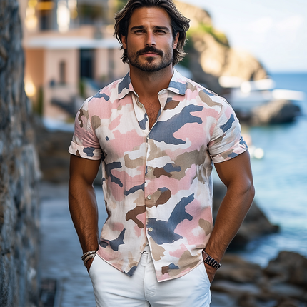Men's Camouflage Short-Sleeved Shirt | Summer Cotton Linen Blend | Casual Button-Down | Breathable Relaxed Fit | Trendy Print for Outdoor Adventures and Casual Outings