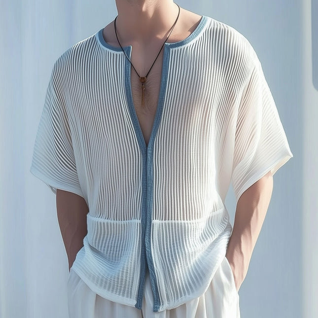 Men's Deep V Neck T-Shirt | Textured Striped Loose Fit | Cotton Polyester Blend | Casual Wear | Fashionable Relaxed Style