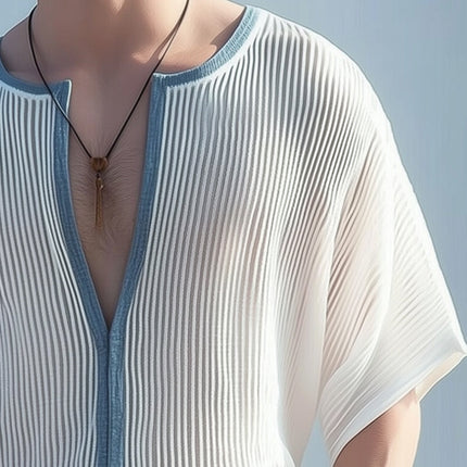 Men's Deep V Neck T-Shirt | Textured Striped Loose Fit | Cotton Polyester Blend | Casual Wear | Fashionable Relaxed Style