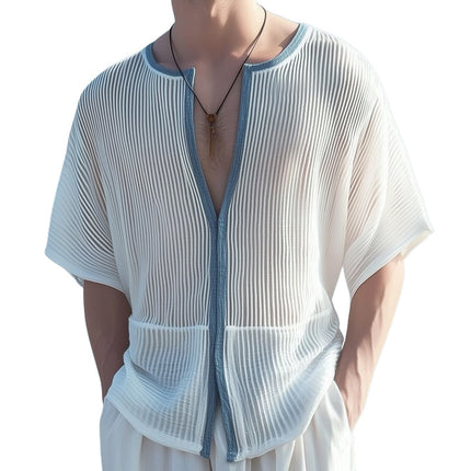 Men's Deep V Neck T-Shirt | Textured Striped Loose Fit | Cotton Polyester Blend | Casual Wear | Fashionable Relaxed Style