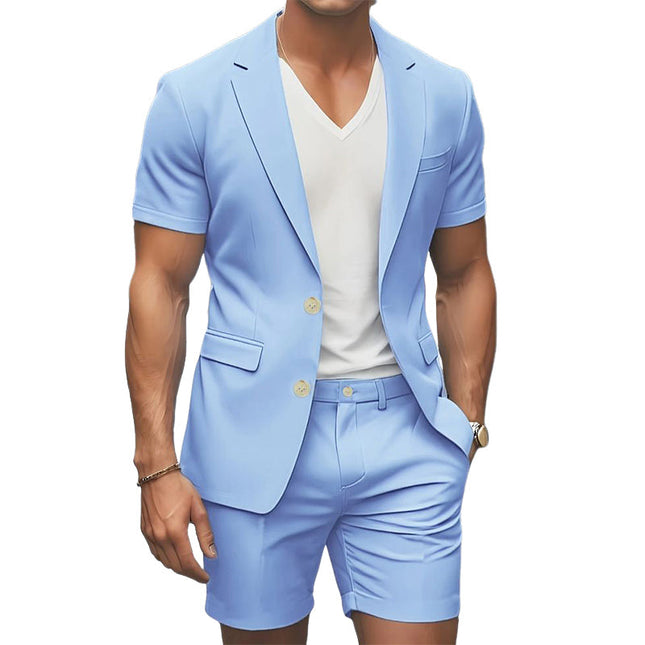 Men's Summer Solid Color Suit | Short Sleeve Shirt & Shorts Set | Lightweight Cotton Blend | Classic Collar | Versatile Styling | Available S-3XL