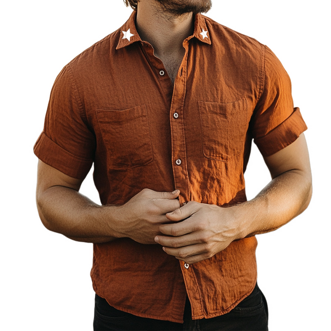 Men's Retro Washed Linen Shirt | Star Lapel | Short Sleeve | Lightweight & Breathable | Unique Star Pattern | Vintage Style | Casual & Semi-Formal | Multiple Sizes | Ideal for Summer | Versatile Men's Top