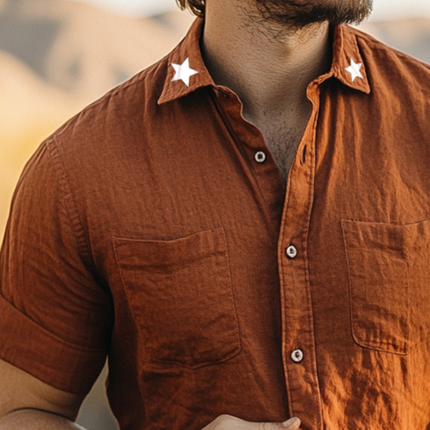 Men's Retro Washed Linen Shirt | Star Lapel | Short Sleeve | Lightweight & Breathable | Unique Star Pattern | Vintage Style | Casual & Semi-Formal | Multiple Sizes | Ideal for Summer | Versatile Men's Top
