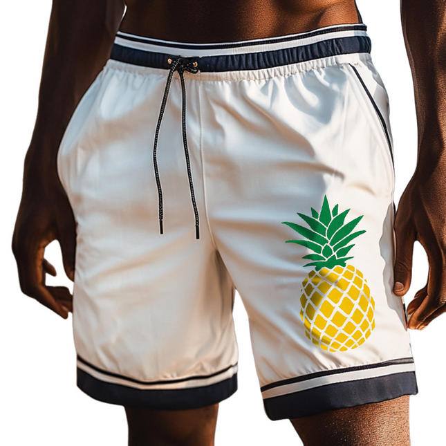 Men's Hawaiian Pineapple Print Beach Shorts | Retro Casual Style | Drawstring Waist | Breathable Cotton Polyester | Quick-Dry Fabric | Ideal for Summer Outings | Available S-3XL