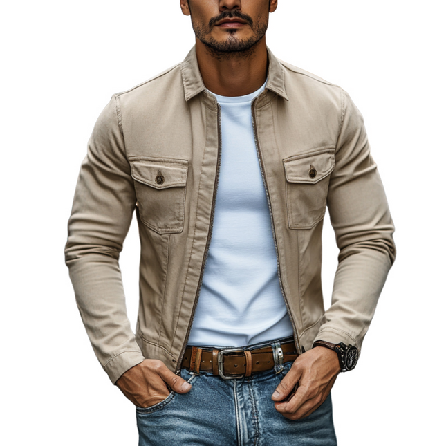 Men's Slim Fit Cargo Jacket | Premium Washed Cotton | Casual Outerwear | Lapel Collar | Zipper Closure | Functional Pockets | Versatile Colors | Breathable Fabric | Machine Washable | Sizes Available