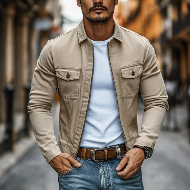Men's Slim Fit Cargo Jacket | Premium Washed Cotton | Casual Outerwear | Lapel Collar | Zipper Closure | Functional Pockets | Versatile Colors | Breathable Fabric | Machine Washable | Sizes Available