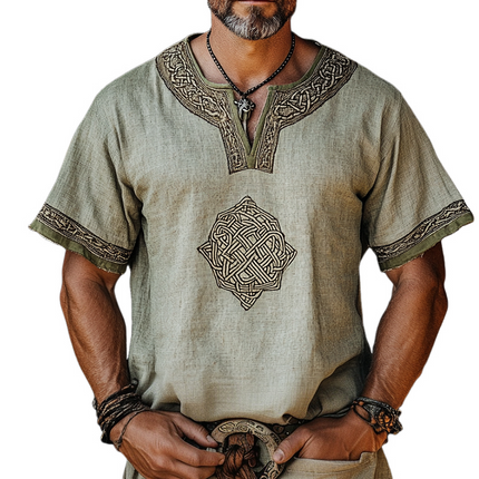 Men's Linen Short Sleeve Shirt | Collarless | Viking Totem Print | Retro Casual Style | Breathable | Versatile Fit S-3XL | Spring Summer | Casual Outings | Comfortable | Durable Fabric