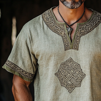 Men's Linen Short Sleeve Shirt | Collarless | Viking Totem Print | Retro Casual Style | Breathable | Versatile Fit S-3XL | Spring Summer | Casual Outings | Comfortable | Durable Fabric