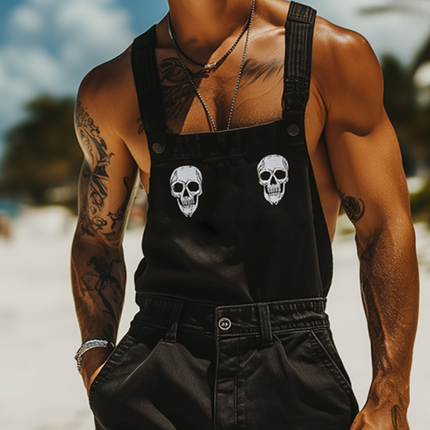 Men's Skull Print Denim Bib Shorts | Retro Casual Style | Adjustable Straps | High-Quality Denim | Relaxed Fit | Perfect for Music Festivals, Beach Trips, Casual Outings | Ideal for Spring & Summer