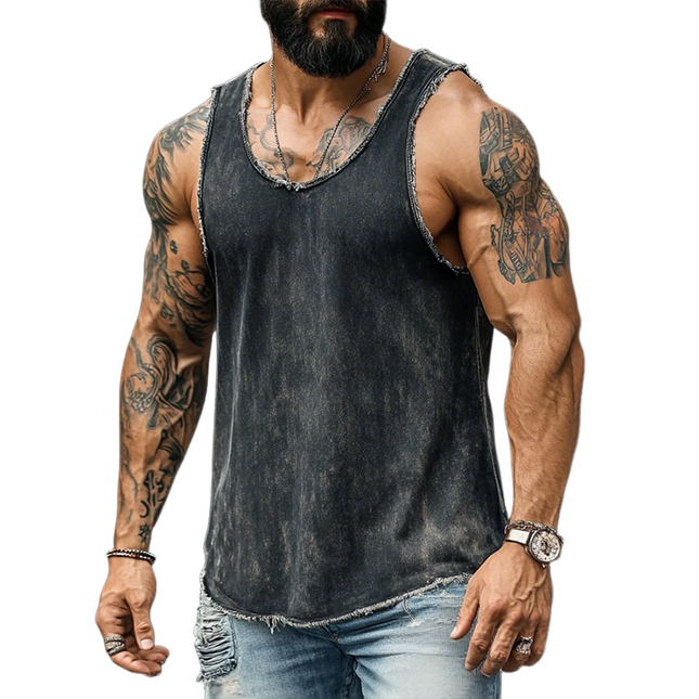Men's Vintage Washed Denim Tank Top | Sleeveless Casual Distressed Style | Round Neck | Breathable Comfortable Fit | Versatile Summer Shirt | Durable Fashion for Outdoor Relaxation | S-3XL