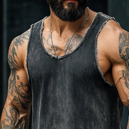 Men's Vintage Washed Denim Tank Top | Sleeveless Casual Distressed Style | Round Neck | Breathable Comfortable Fit | Versatile Summer Shirt | Durable Fashion for Outdoor Relaxation | S-3XL