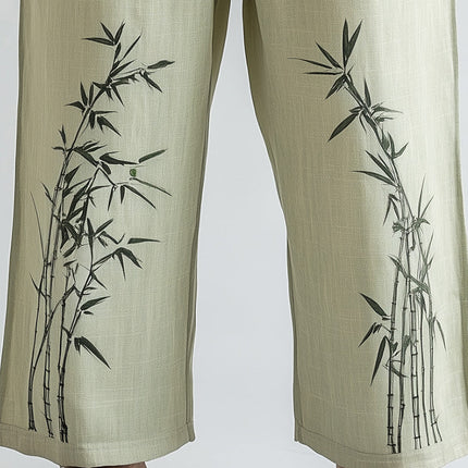 Men's Bamboo Leaf Print Linen Blend Pants | Summer Casual Style | Breathable Lightweight Fabric | Elastic Waistband | Relaxed Fit | Nature-Inspired Design
