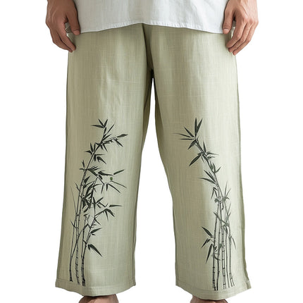 Men's Bamboo Leaf Print Linen Blend Pants | Summer Casual Style | Breathable Lightweight Fabric | Elastic Waistband | Relaxed Fit | Nature-Inspired Design