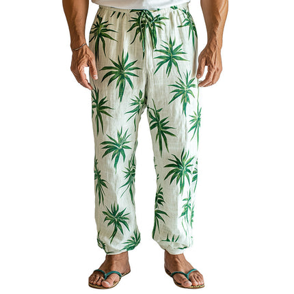 Men's Palm Leaf Print Linen Blend Casual Pants | Summer Fashion | Lightweight & Breathable | Relaxed Fit | Elastic Waistband | Machine Washable | Tropical Design | Ideal for Beach & Casual Outings