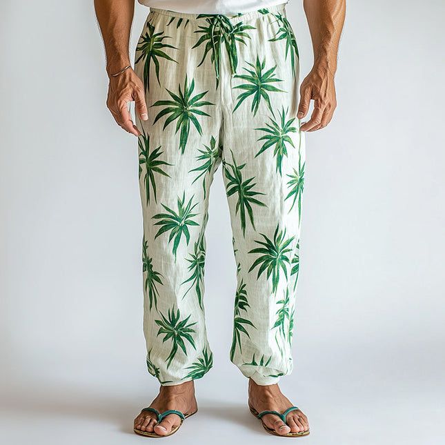 Men's Palm Leaf Print Linen Blend Casual Pants | Summer Fashion | Lightweight & Breathable | Relaxed Fit | Elastic Waistband | Machine Washable | Tropical Design | Ideal for Beach & Casual Outings