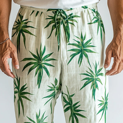 Men's Palm Leaf Print Linen Blend Casual Pants | Summer Fashion | Lightweight & Breathable | Relaxed Fit | Elastic Waistband | Machine Washable | Tropical Design | Ideal for Beach & Casual Outings