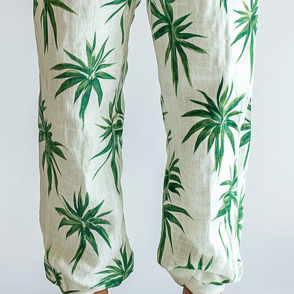 Men's Palm Leaf Print Linen Blend Casual Pants | Summer Fashion | Lightweight & Breathable | Relaxed Fit | Elastic Waistband | Machine Washable | Tropical Design | Ideal for Beach & Casual Outings