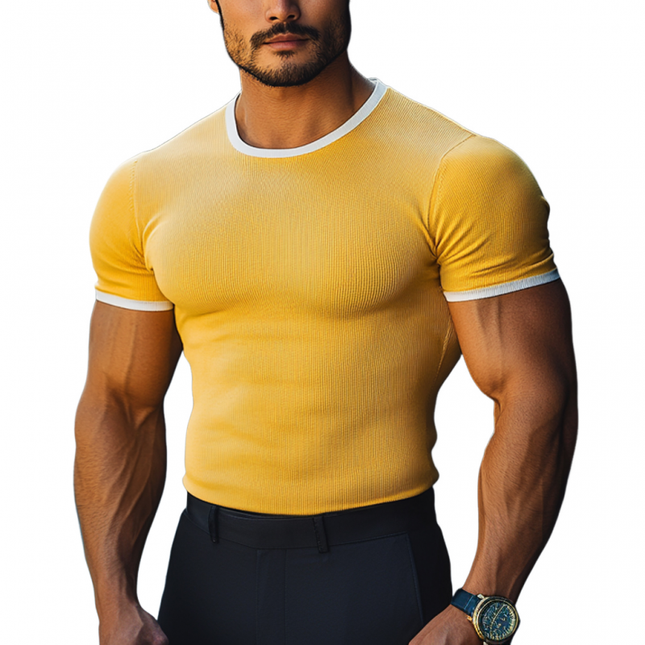 Men's Colorblock T-shirt | Elastic Stripe Design | Slim Fit | Short Sleeve | Round Neck | Casual Top | Soft Cotton Polyester | Fresh Trendy Look | MTA2794D5M