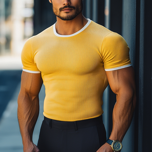 Men's Colorblock T-shirt | Elastic Stripe Design | Slim Fit | Short Sleeve | Round Neck | Casual Top | Soft Cotton Polyester | Fresh Trendy Look | MTA2794D5M